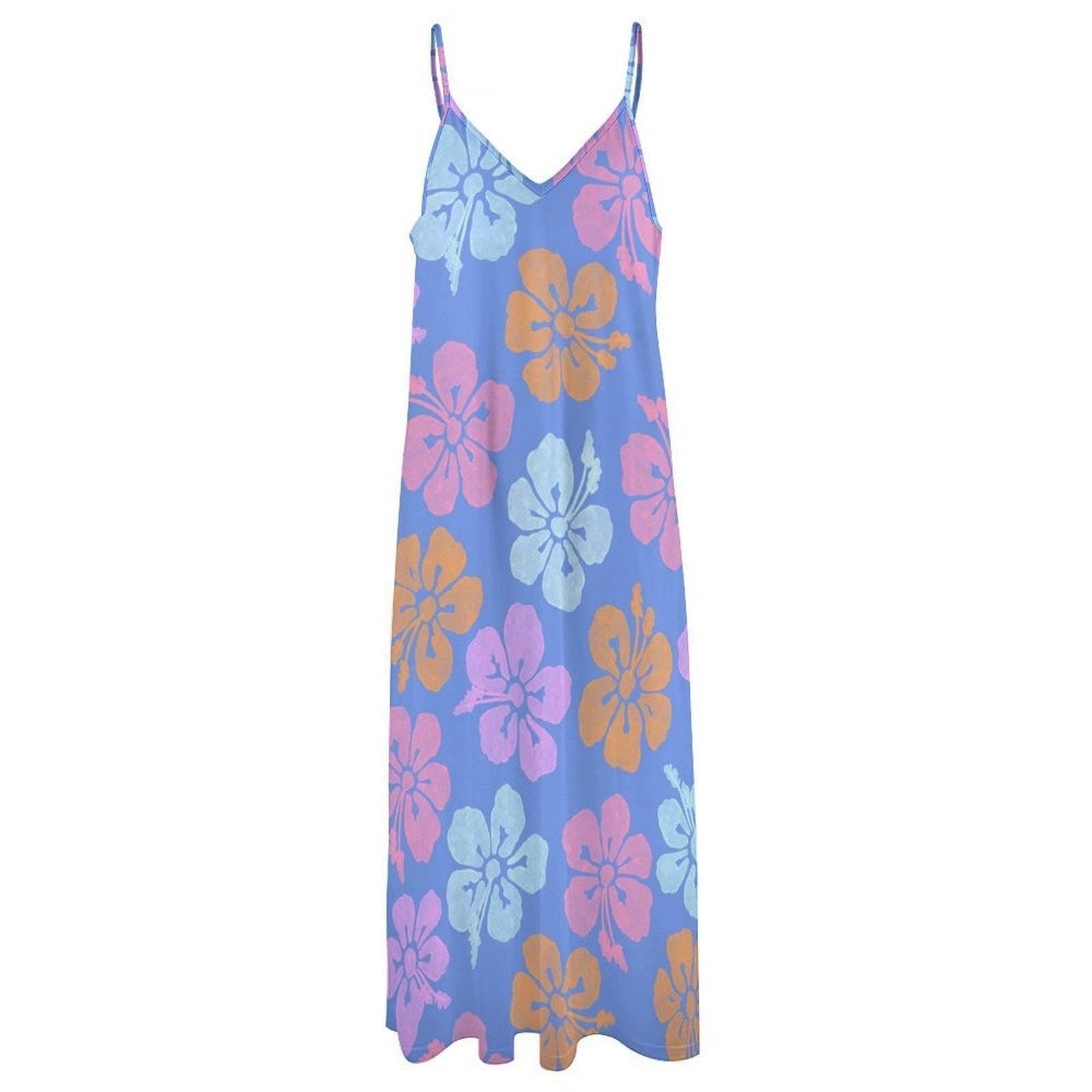 Pastel Hibiscus Maxi Dress, Blue Tropical Floral Sundress, Boho Vacation Beach Dress