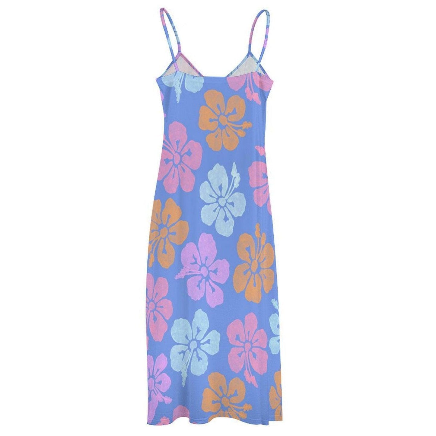 Pastel Hibiscus Maxi Dress, Blue Tropical Floral Sundress, Boho Vacation Beach Dress