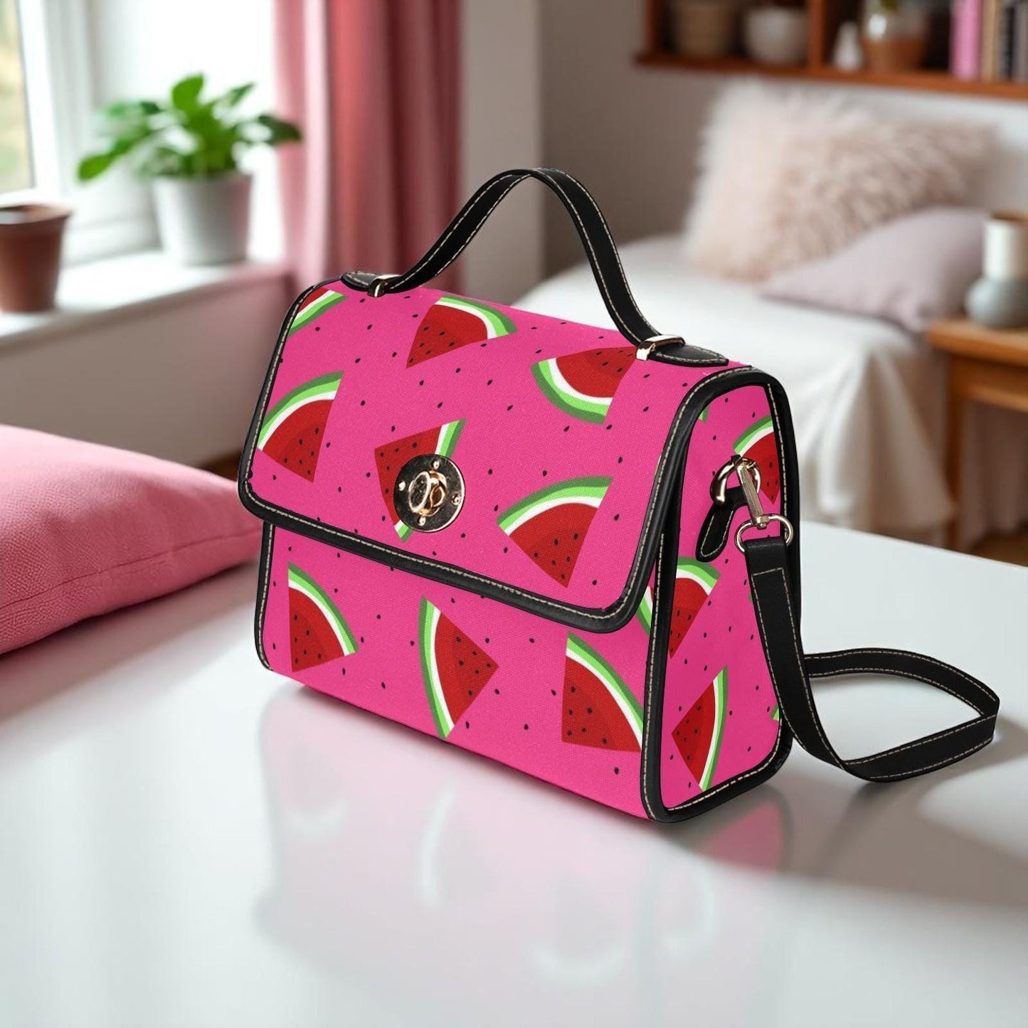 Watermelon Slice Satchel Purse, Pink Summer Crossbody Bag, Cute Beach Handbag for Festival Travel