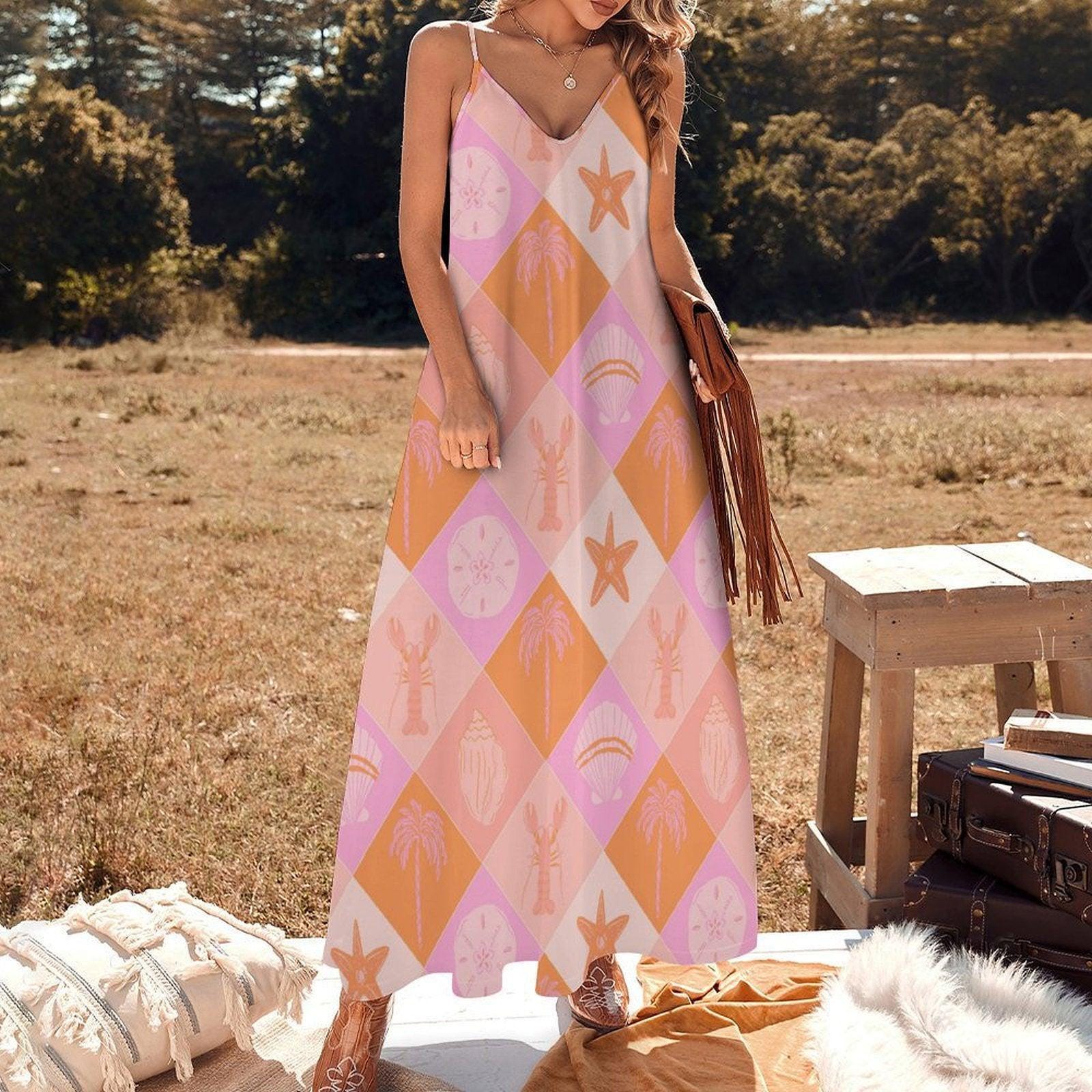 Pastel Beachcore Maxi Dress, Coastal Vibes Summer Dress, Y2K Soft Girl Aesthetic Sundress, Pink Ocean Shell Dress, Mermaidcore Outfit