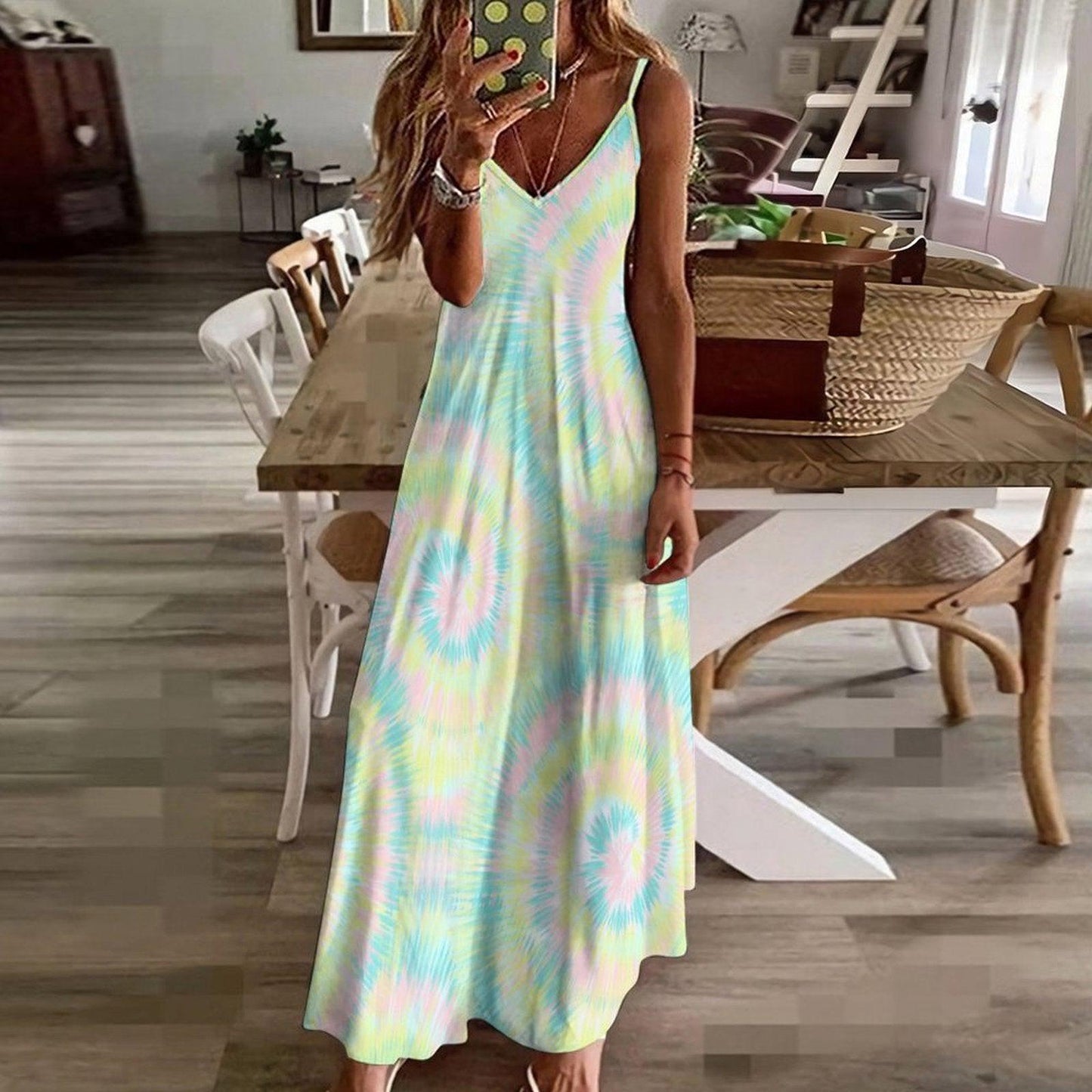 Pastel Tie Dye Maxi Dress, Boho Summer Sundress, Festival and Beach Vacation Outfit