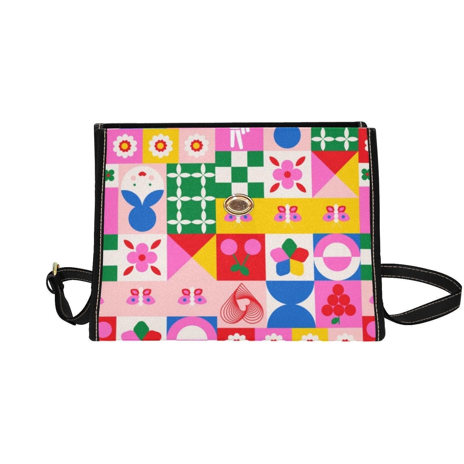 Colorful patchwork satchel purse, cute icon handbag, retro pop art crossbody bag, playful top handle purse