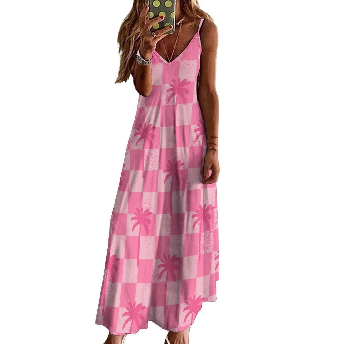 Pink Palm Tree Maxi Dress, Checkered Summer Slip Dress, Dopamine Vacation Outfit, Y2K Beach Dress for Girls, Funky Lightweight Festival Look