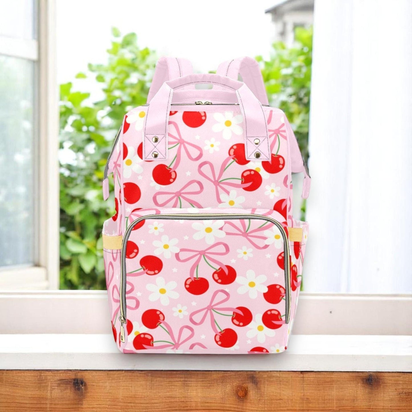 Cherry Bow Diaper Backpack, Kawaii Pink Mommy Bag, Floral Baby Bag, Toddler Organizer, Cute Mom Bag