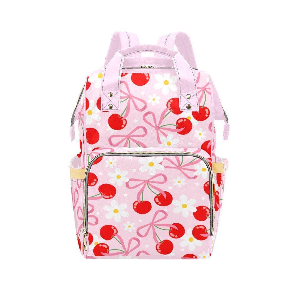 Cherry Bow Diaper Backpack, Kawaii Pink Mommy Bag, Floral Baby Bag, Toddler Organizer, Cute Mom Bag