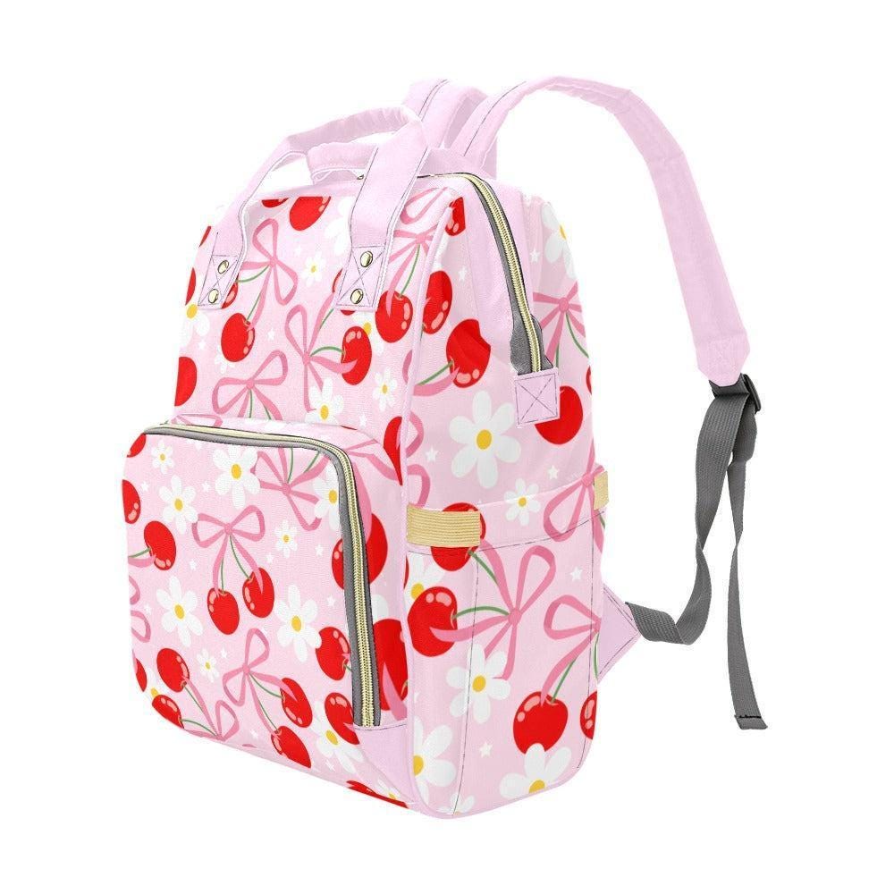 Cherry Bow Diaper Backpack, Kawaii Pink Mommy Bag, Floral Baby Bag, Toddler Organizer, Cute Mom Bag