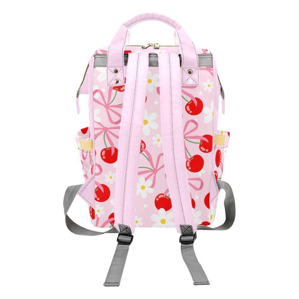 Cherry Bow Diaper Backpack, Kawaii Pink Mommy Bag, Floral Baby Bag, Toddler Organizer, Cute Mom Bag