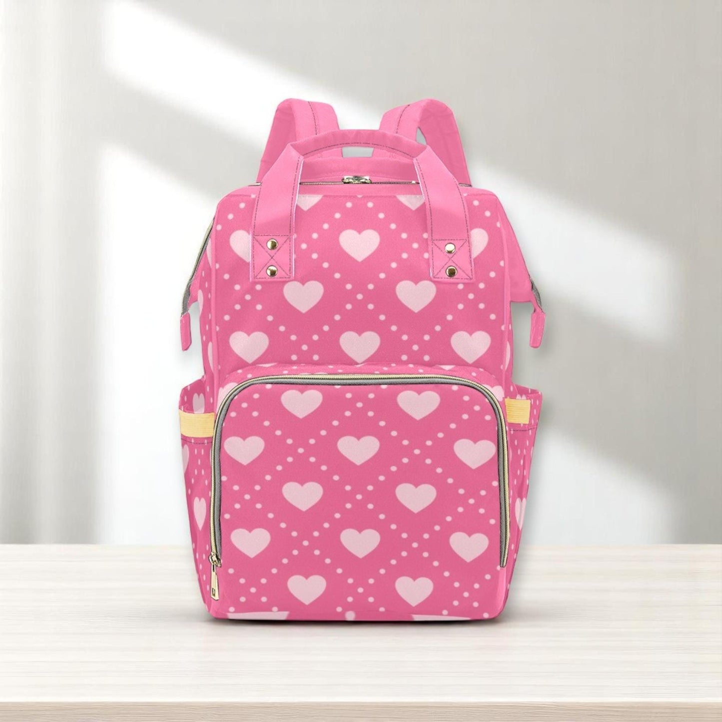 Pink Heart Print Backpack, Kawaii Diaper Bag