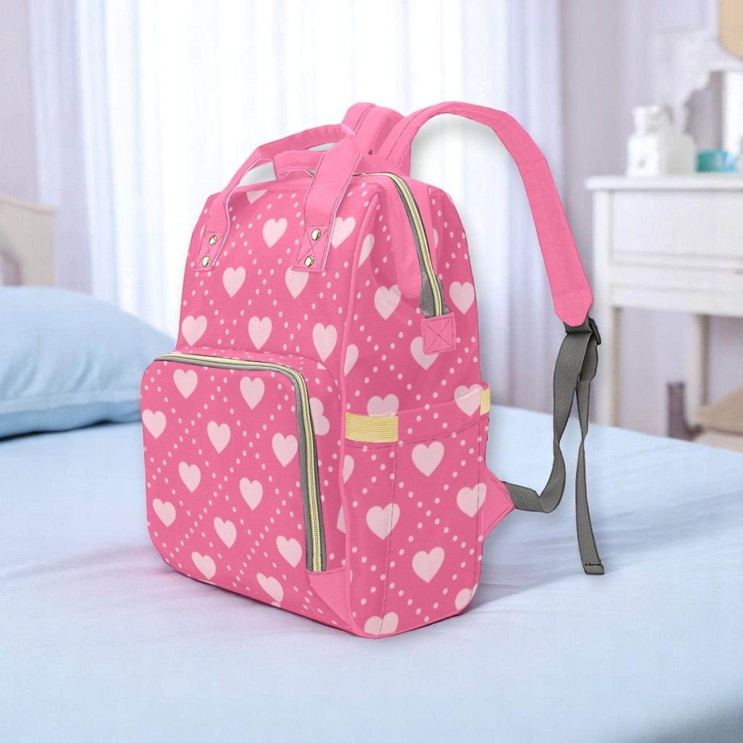 Pink Heart Print Backpack, Kawaii Diaper Bag