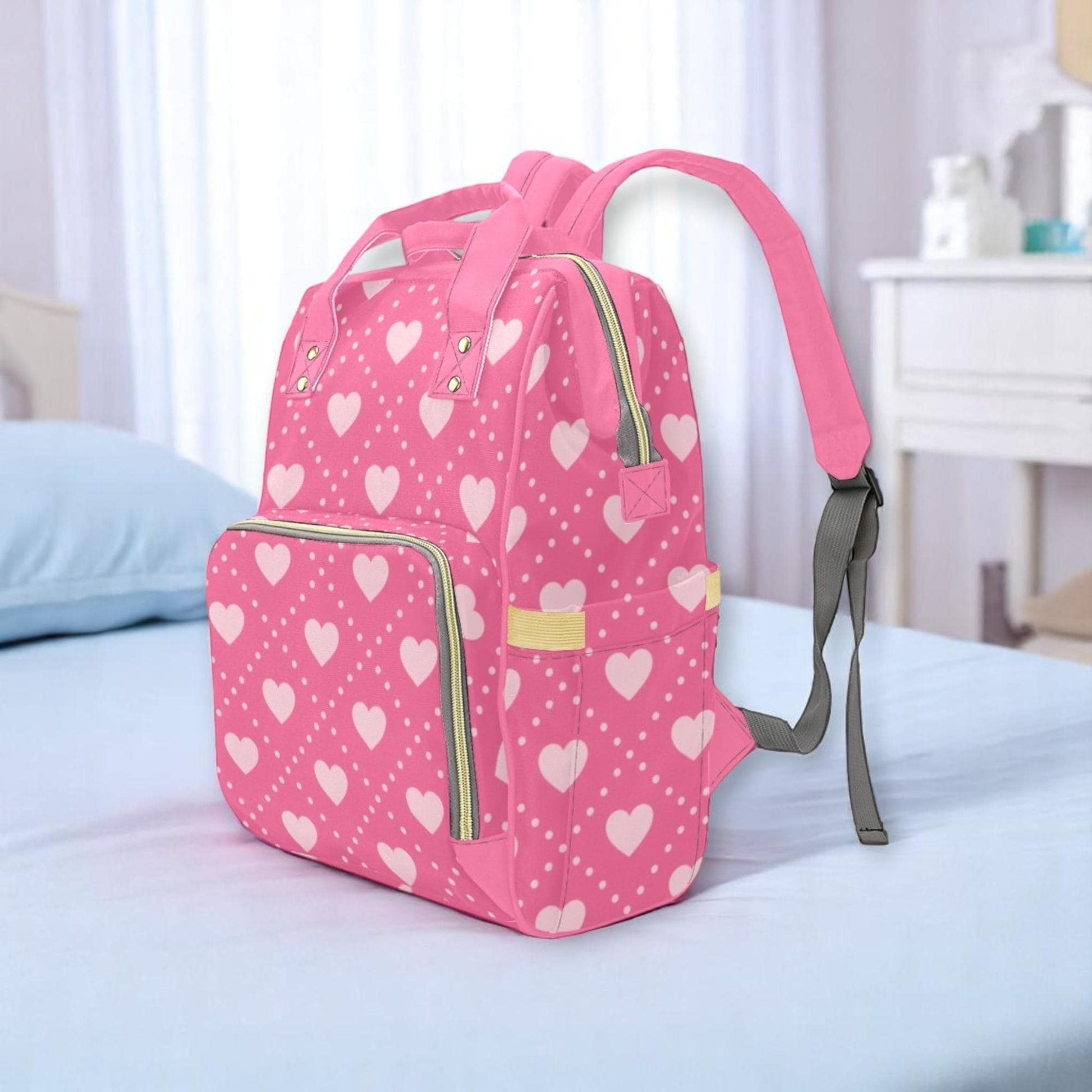 Pink Heart Print Backpack, Kawaii Diaper Bag