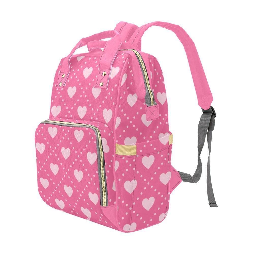 Pink Heart Print Backpack, Kawaii Diaper Bag