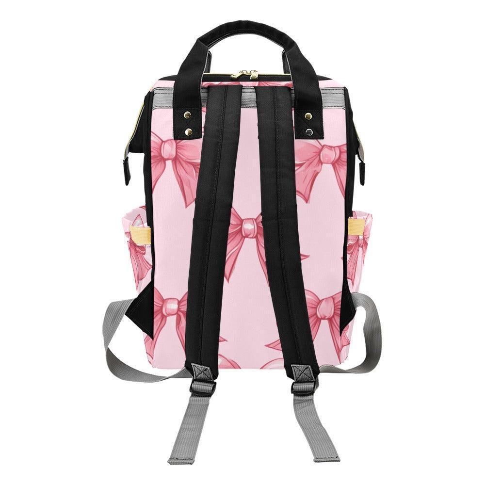 Pink Bow Print Diaper Bag, Kawaii Nylon Backpack