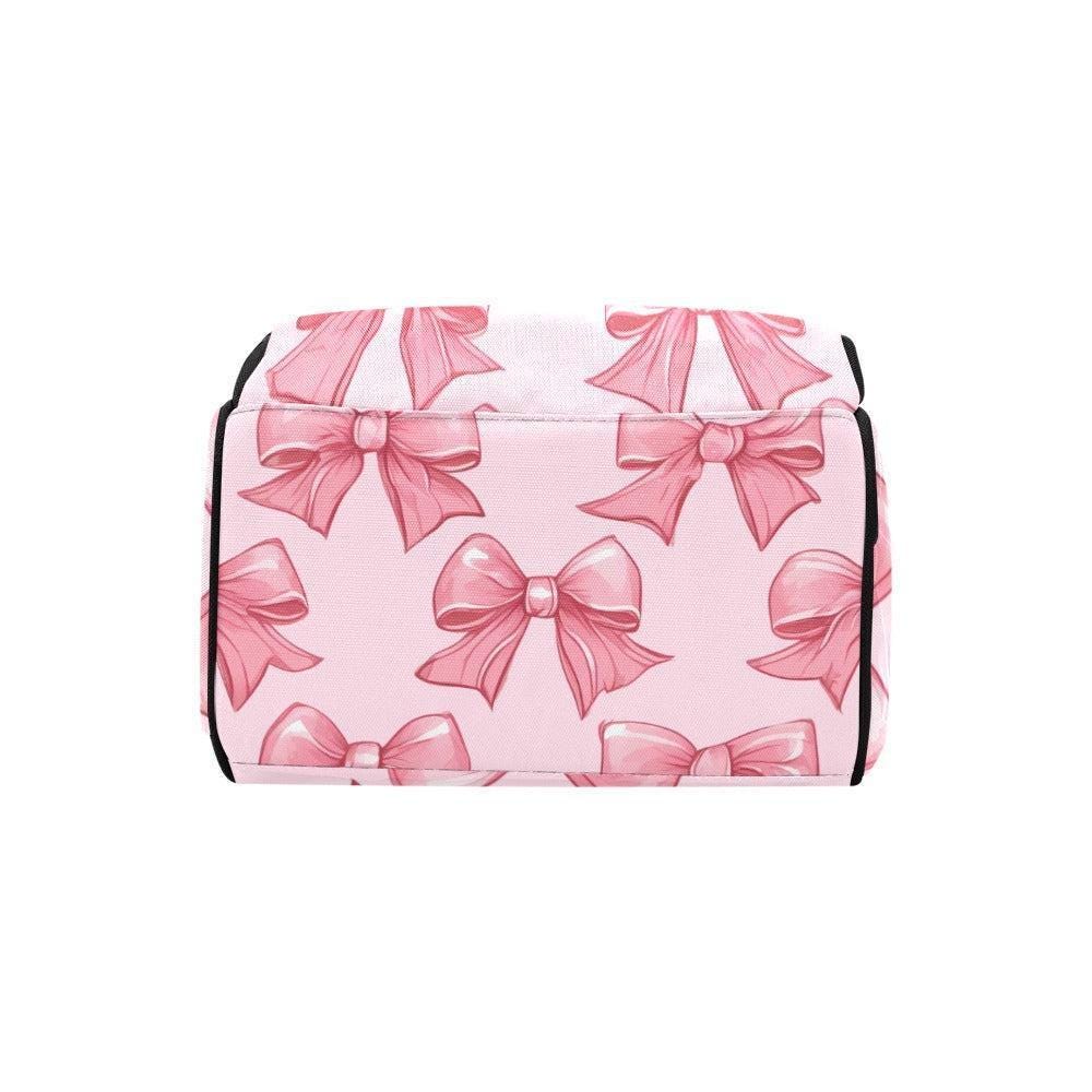 Pink Bow Print Diaper Bag, Kawaii Nylon Backpack