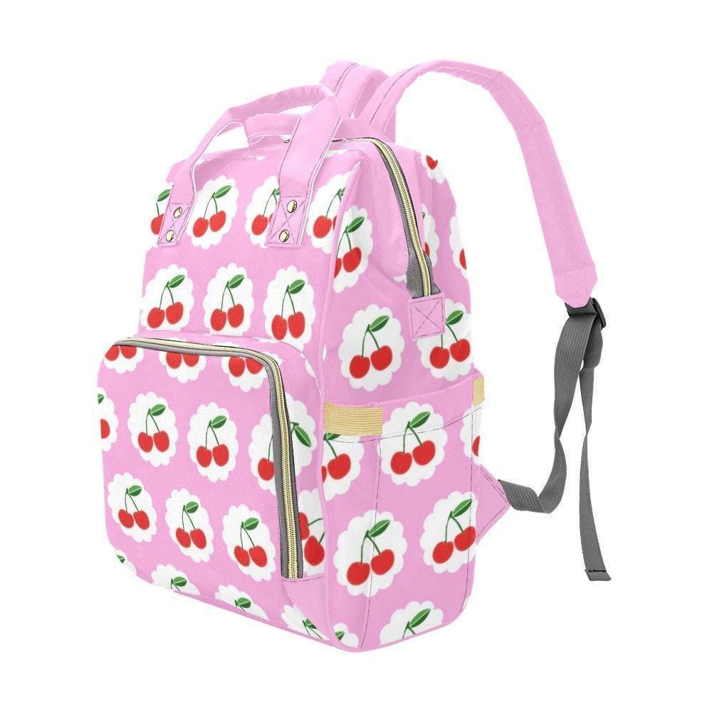 Cherry Backpack, Pink Retro Diaper Bag with Fruitcore Print and Aesthetic Design