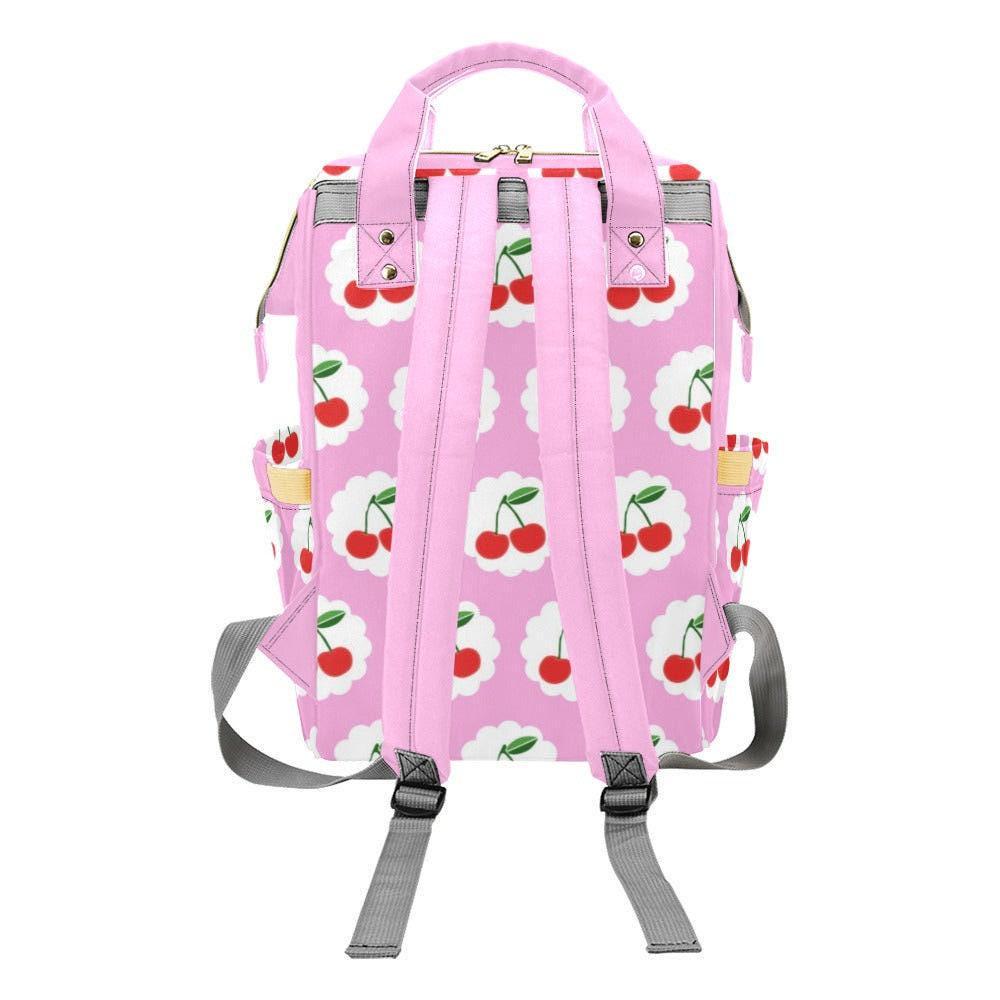 Cherry Backpack, Pink Retro Diaper Bag with Fruitcore Print and Aesthetic Design