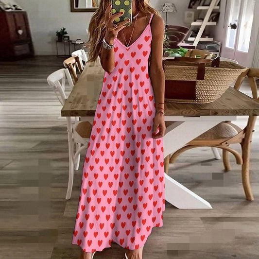 Pink Heart Maxi Dress, Soft Girl Valentine's Outfit, Y2K Cottagecore Summer Slip Dress, Pastel Aesthetic Date Night Look, Kawaii Picnic Fit
