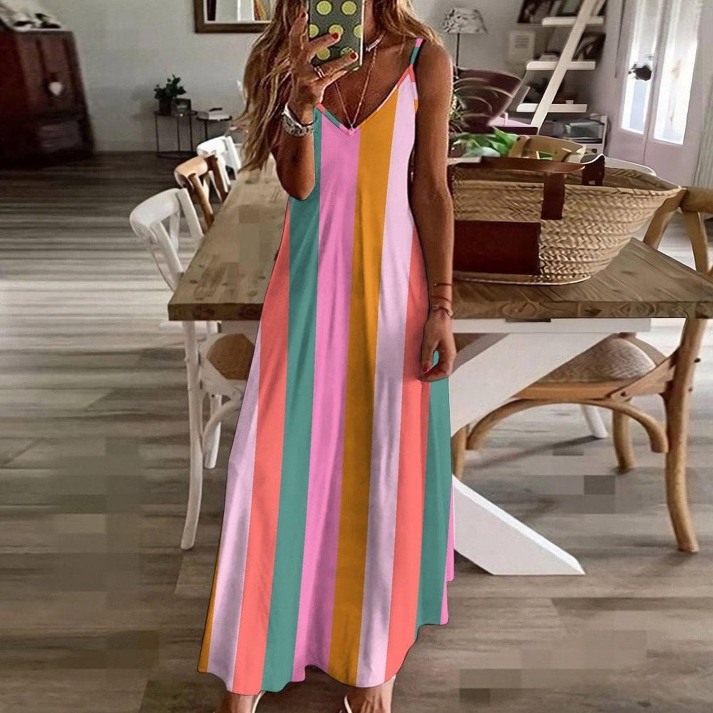 Pastel striped dress, dopamine rainbow look, pink aesthetic outfit, retro sundress for dopamine dressing, colorful cottage picnic wear