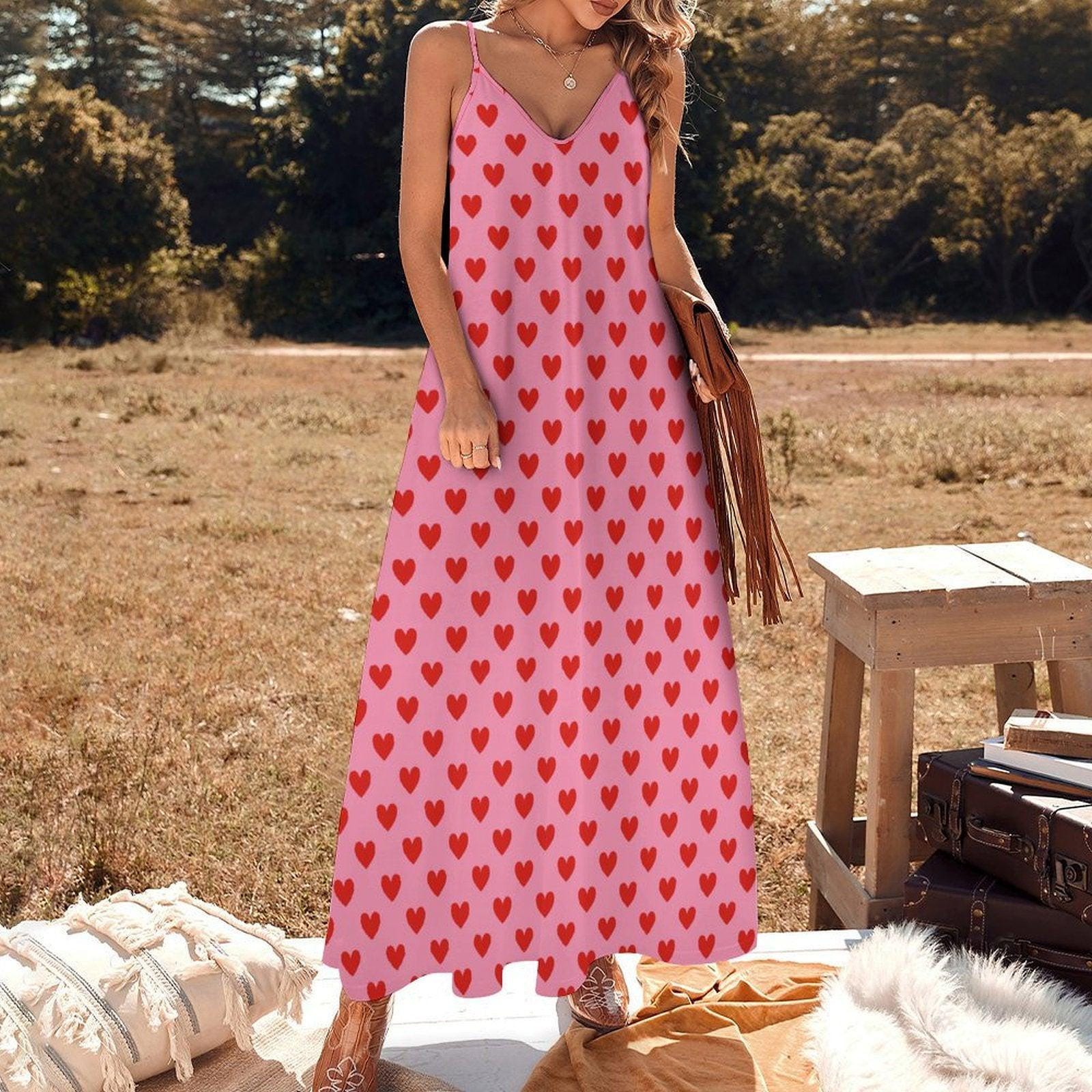 Pink Heart Maxi Dress, Soft Girl Valentine's Outfit, Y2K Cottagecore Summer Slip Dress, Pastel Aesthetic Date Night Look, Kawaii Picnic Fit