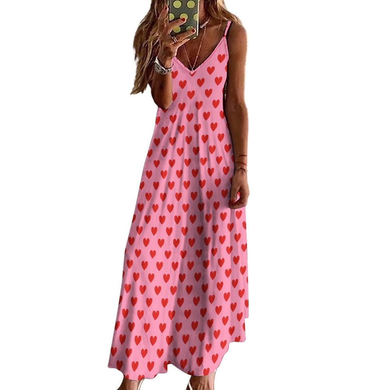 Pink Heart Maxi Dress, Soft Girl Valentine's Outfit, Y2K Cottagecore Summer Slip Dress, Pastel Aesthetic Date Night Look, Kawaii Picnic Fit