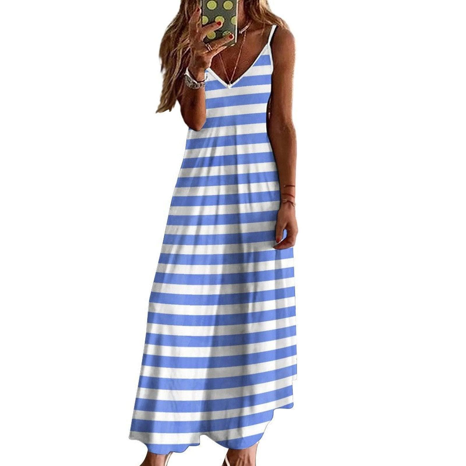 Blue Stripe Maxi Dress, Coastal Granddaughter Summer Look, French Girl Style Slip Dress, Nautical Vibes Cottagecore Outfit, Seaside Dress