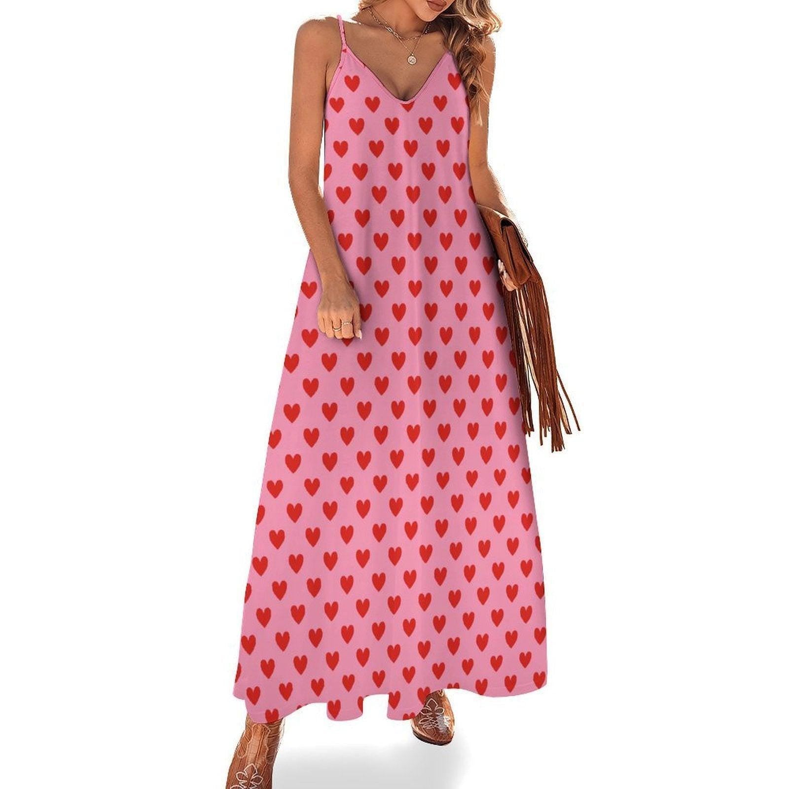 Pink Heart Maxi Dress, Soft Girl Valentine's Outfit, Y2K Cottagecore Summer Slip Dress, Pastel Aesthetic Date Night Look, Kawaii Picnic Fit