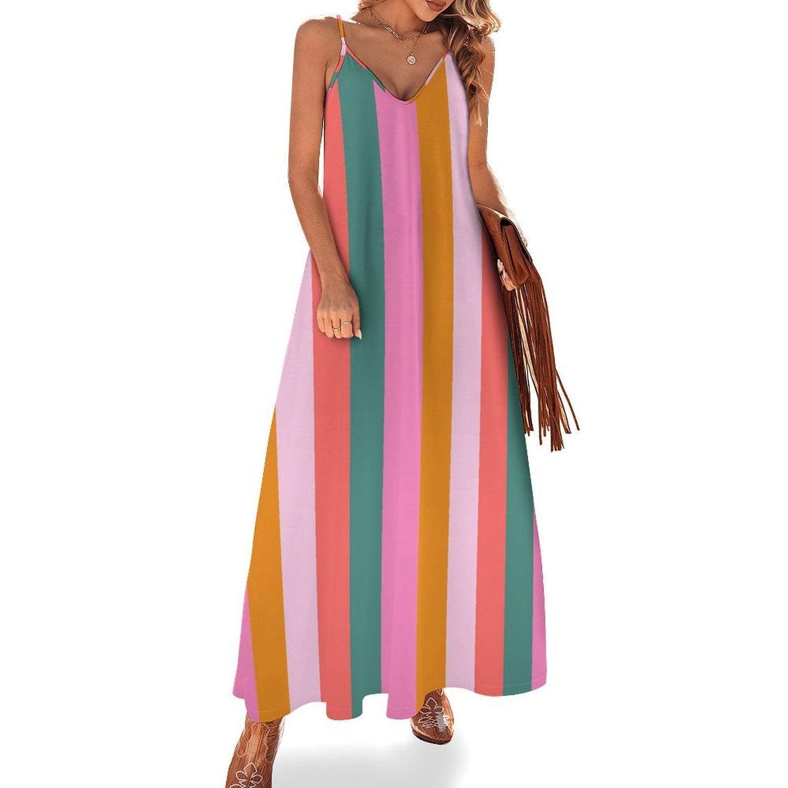 Pastel striped dress, dopamine rainbow look, pink aesthetic outfit, retro sundress for dopamine dressing, colorful cottage picnic wear
