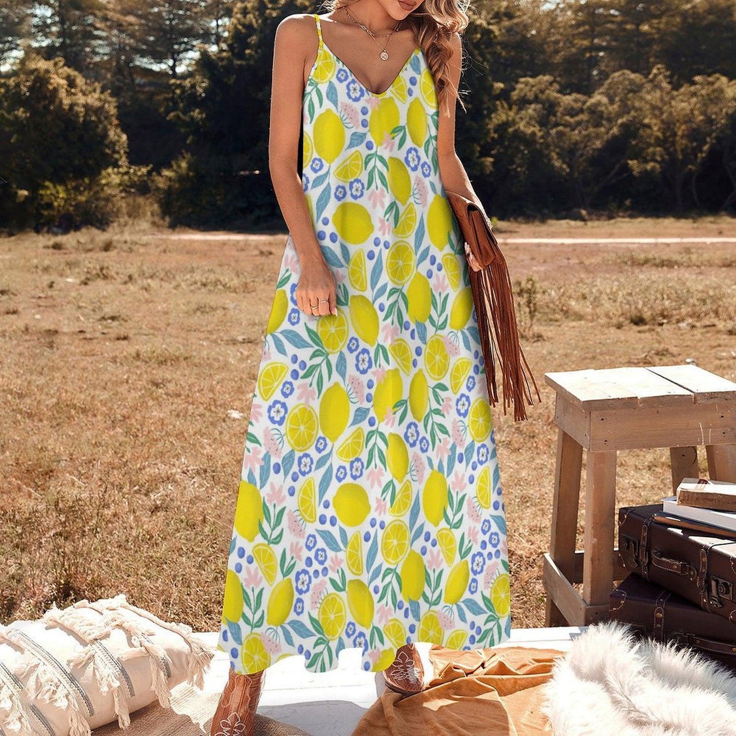 Lemon floral sundress, pastel fruit print dress, cottage summer outfit idea, dopamine fashion vibe, picnic brunch aesthetic clothing piece