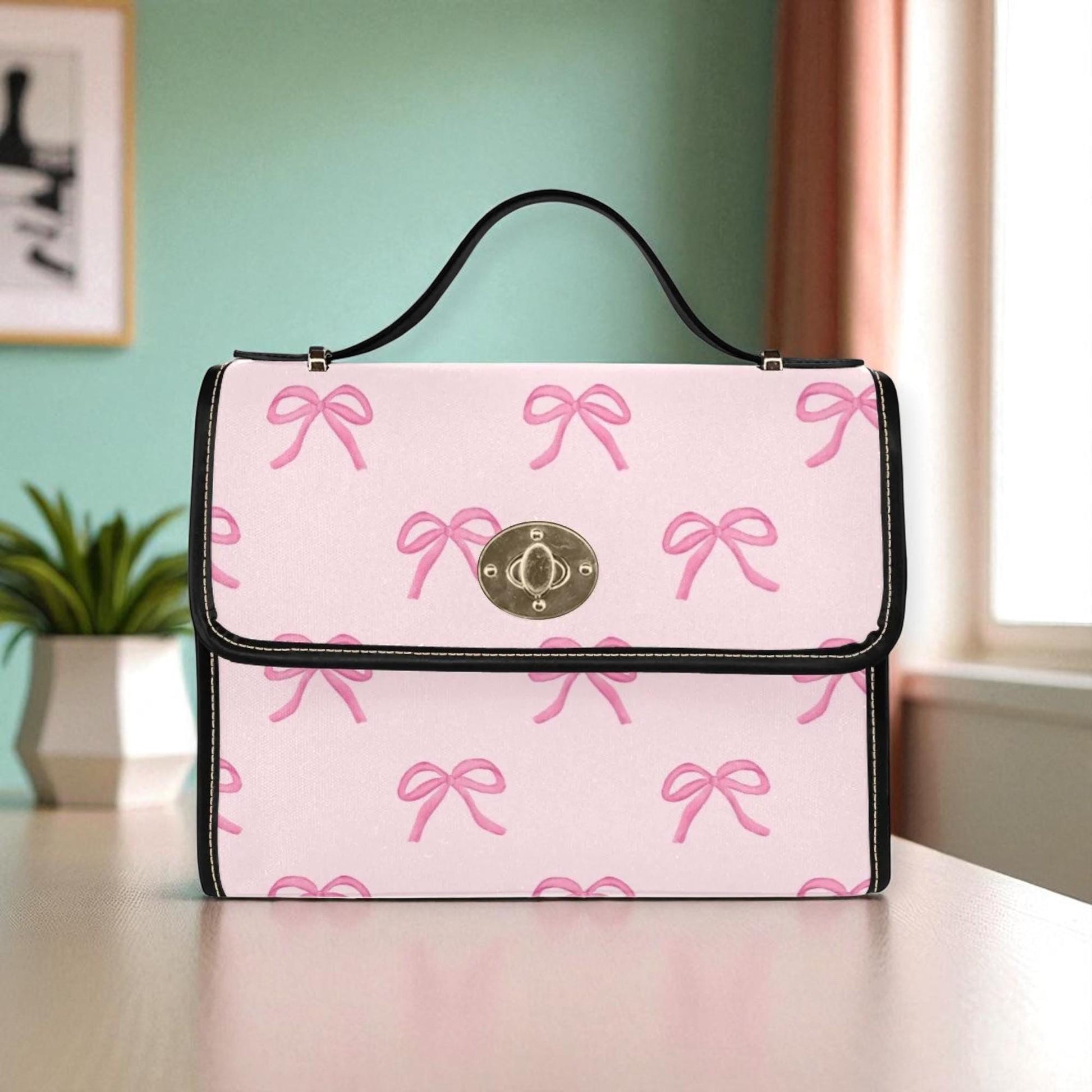 Pink Bow Crossbody Bag, Pastel Ribbon Canvas Purse, Vegan Leather Strap, Kawaii Soft Girl Handbag