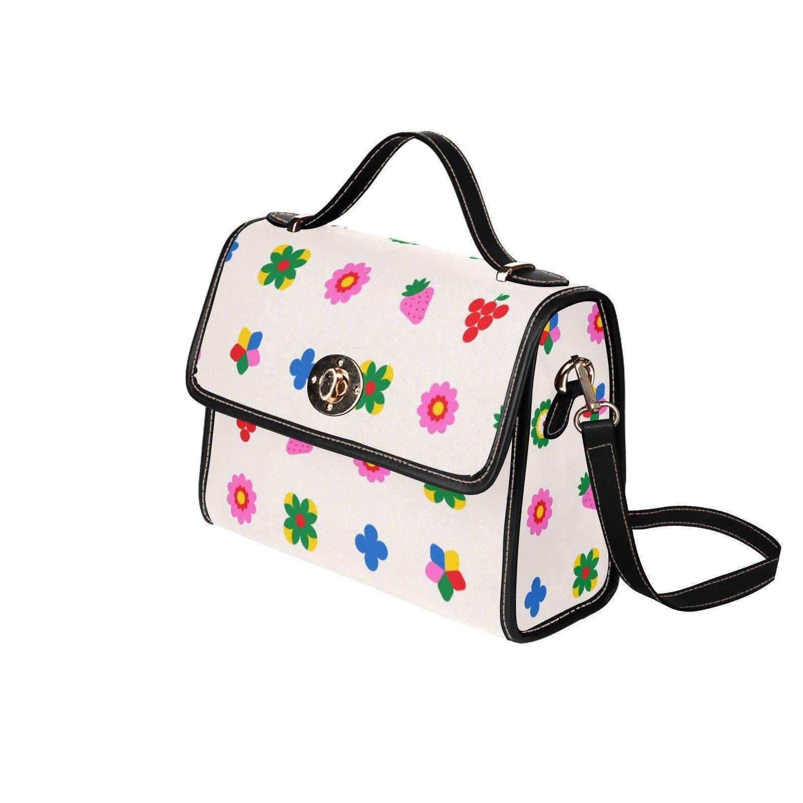 Retro fruit and floral print handbag, kawaii crossbody purse, colorful berry and flower bag