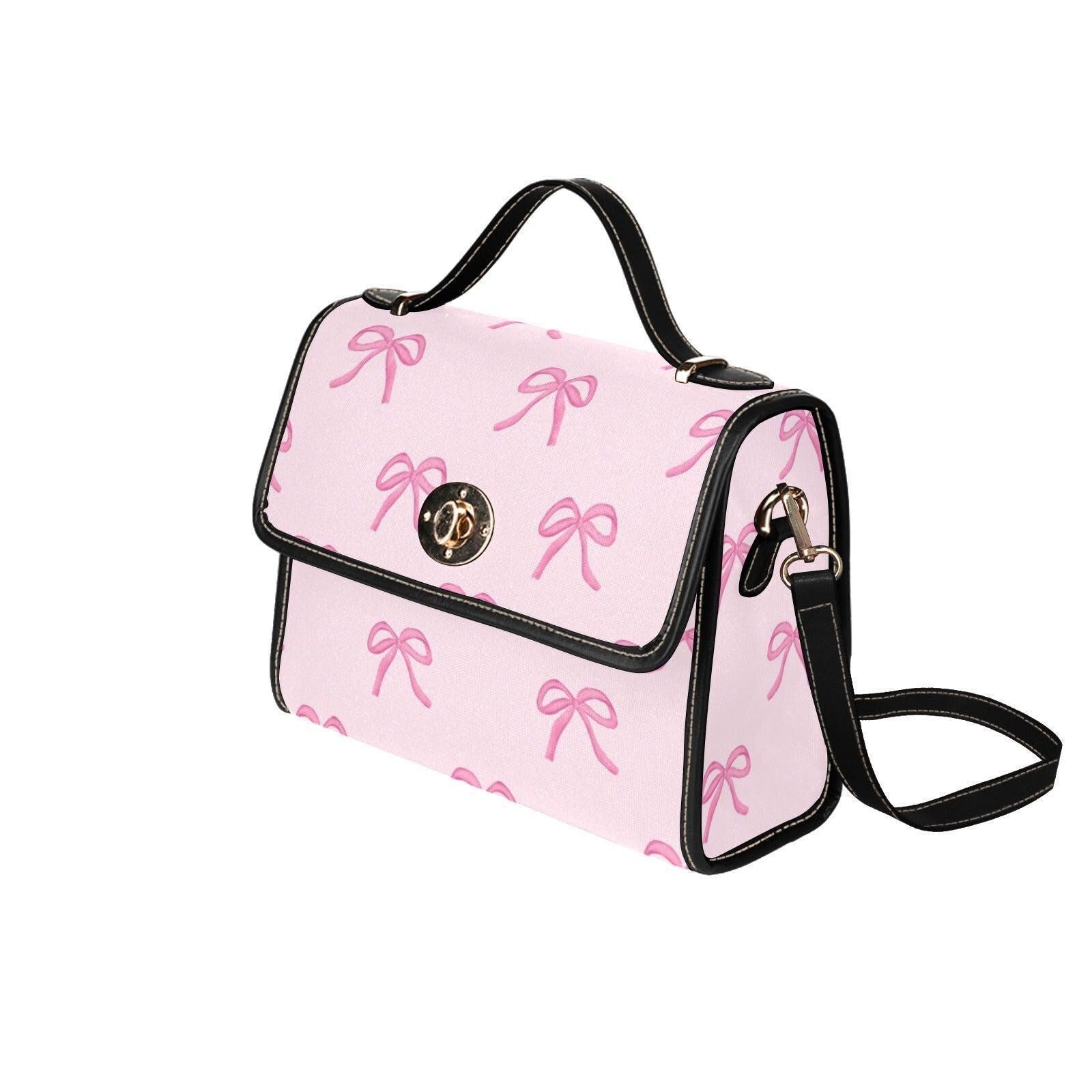 Pink Bow Crossbody Bag, Pastel Ribbon Canvas Purse, Vegan Leather Strap, Kawaii Soft Girl Handbag