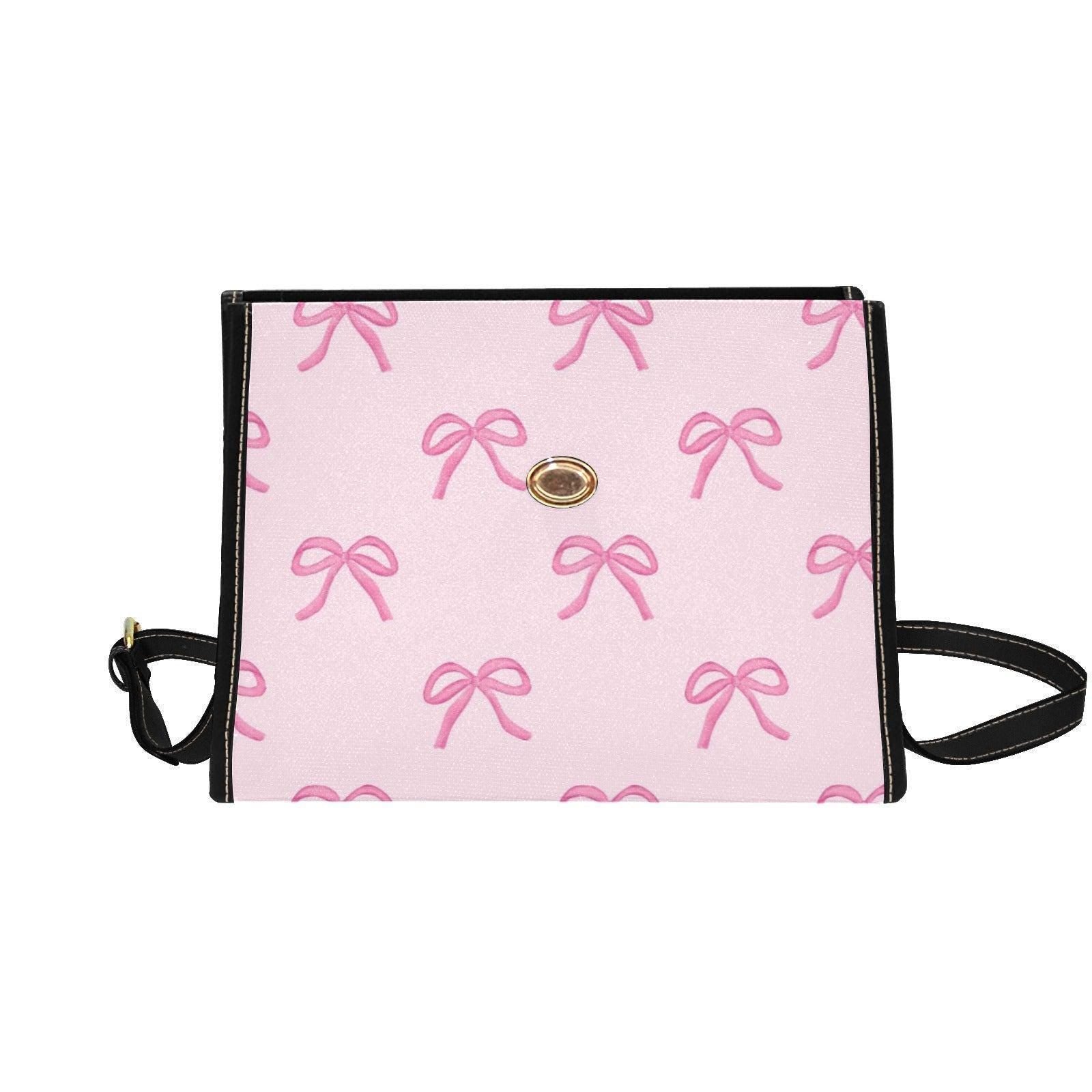 Pink Bow Crossbody Bag, Pastel Ribbon Canvas Purse, Vegan Leather Strap, Kawaii Soft Girl Handbag