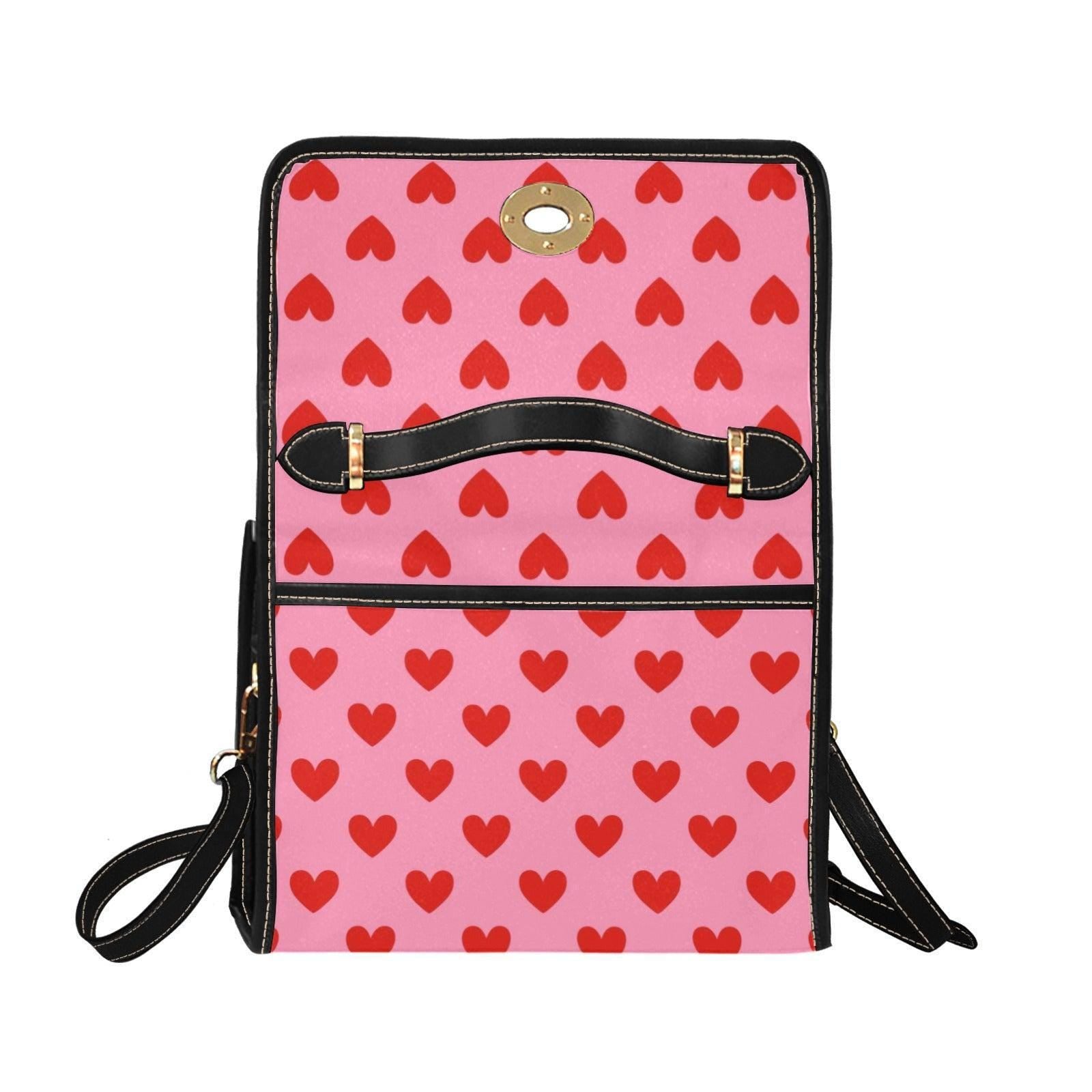 Pink Heart Crossbody Satchel Bag, Romantic Top Handle Handbag, Valentine Print Purse