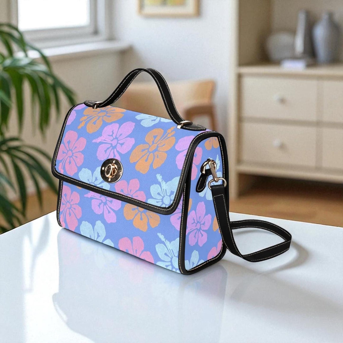 Hibiscus Top Handle Bag, Pastel Tropical Floral Clutch, Summer Resort Waterproof Purse