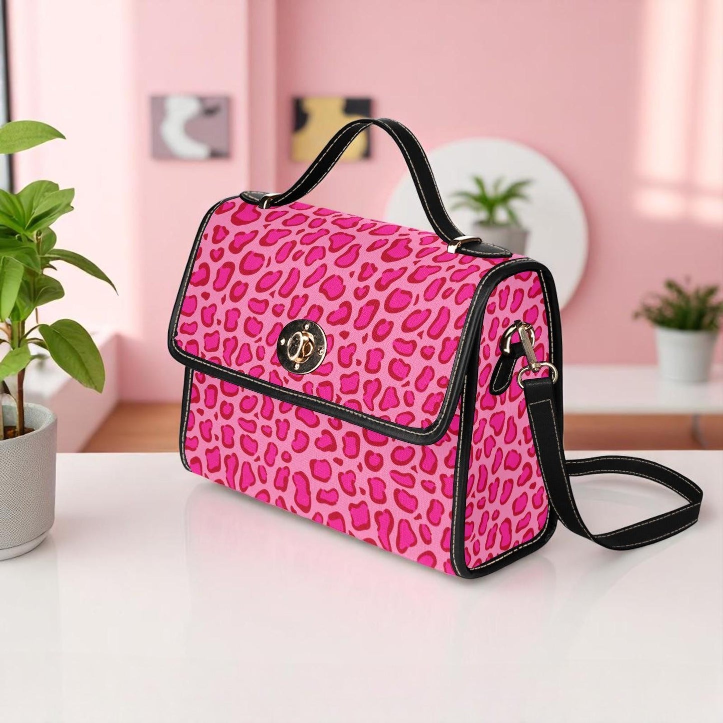 Hot Pink Leopard Print Crossbody Bag, Y2K Baddie Satchel, Vegan Leather Strap, Trendy Animal Print Purse