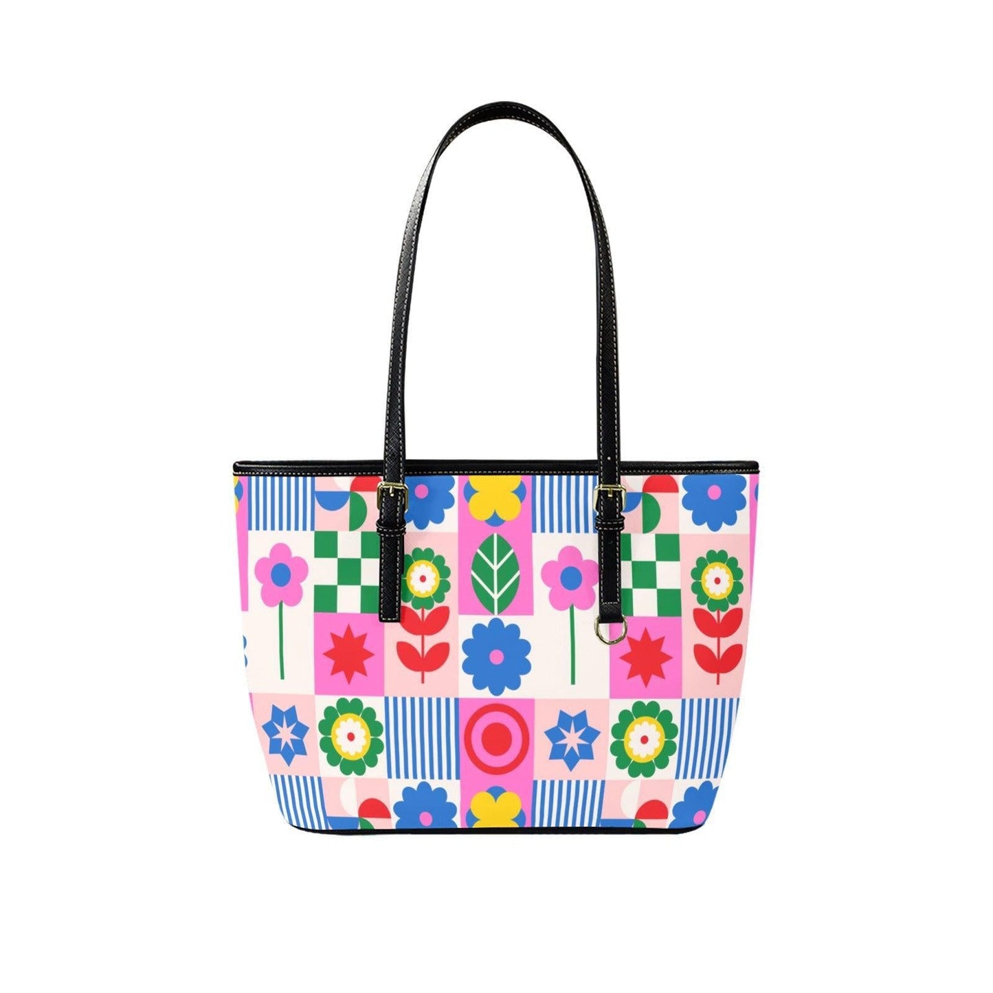 Geometric Folk Tote Bag, Color Block Shoulder Purse, Scandinavian Style Carryall, Playful Market Handbag