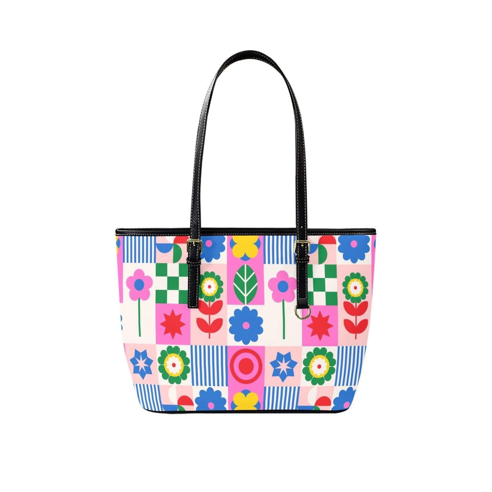 Geometric Folk Tote Bag, Color Block Shoulder Purse, Scandinavian Style Carryall, Playful Market Handbag