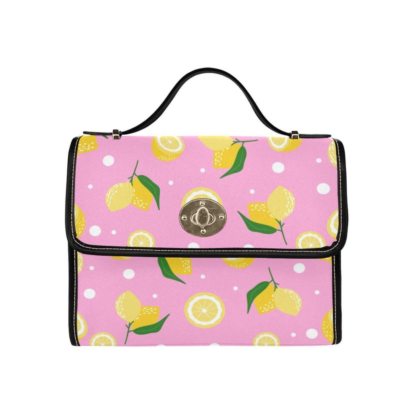 Pink Lemon Print Crossbody Bag, Vegan Leather Summer Satchel, Fruit Pattern Shoulder Bag