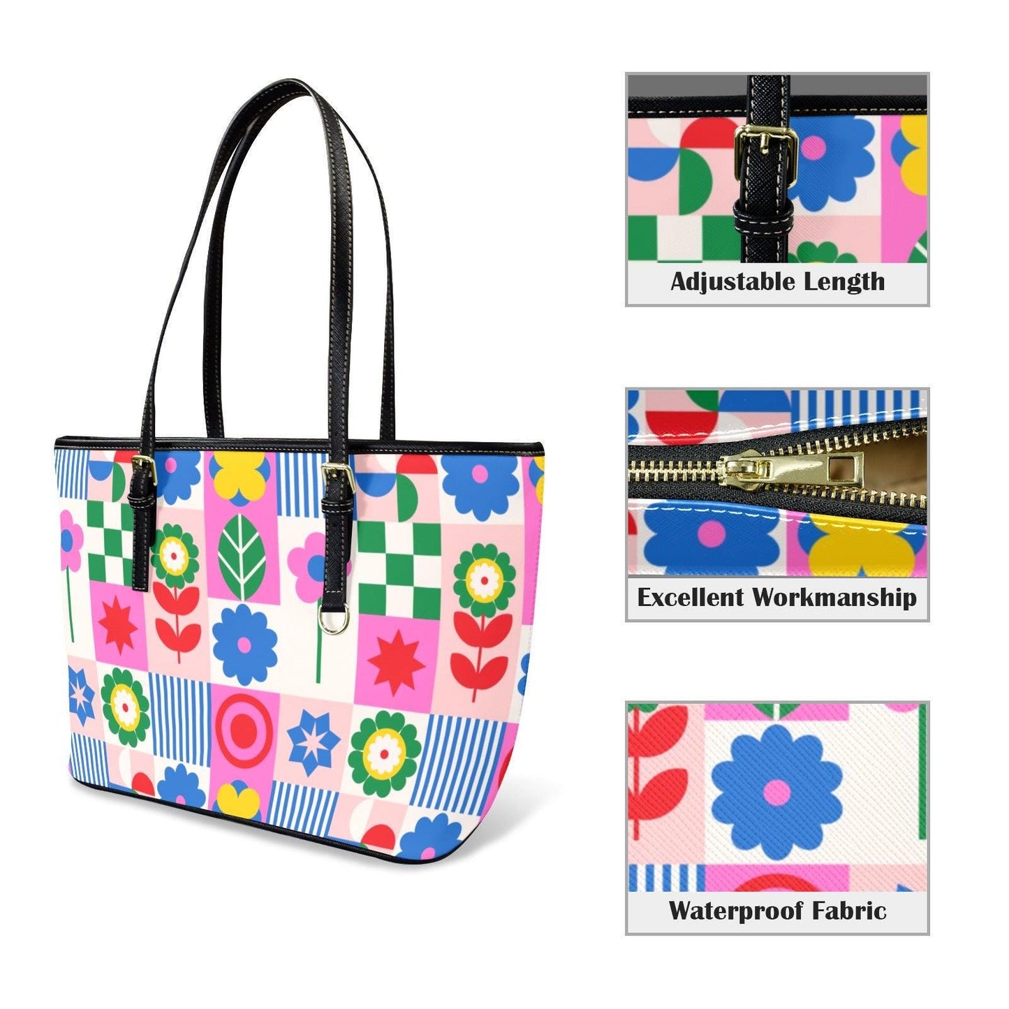 Geometric Folk Tote Bag, Color Block Shoulder Purse, Scandinavian Style Carryall, Playful Market Handbag