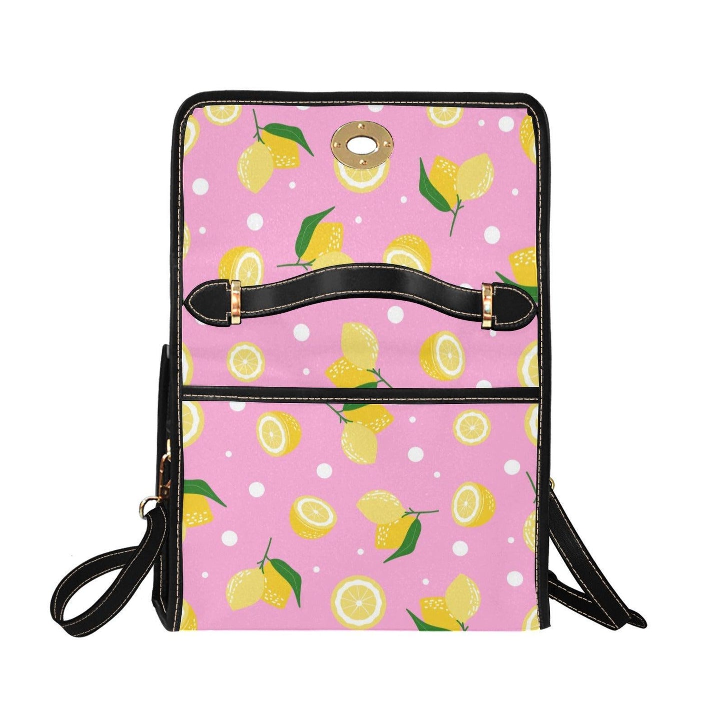 Pink Lemon Print Crossbody Bag, Vegan Leather Summer Satchel, Fruit Pattern Shoulder Bag