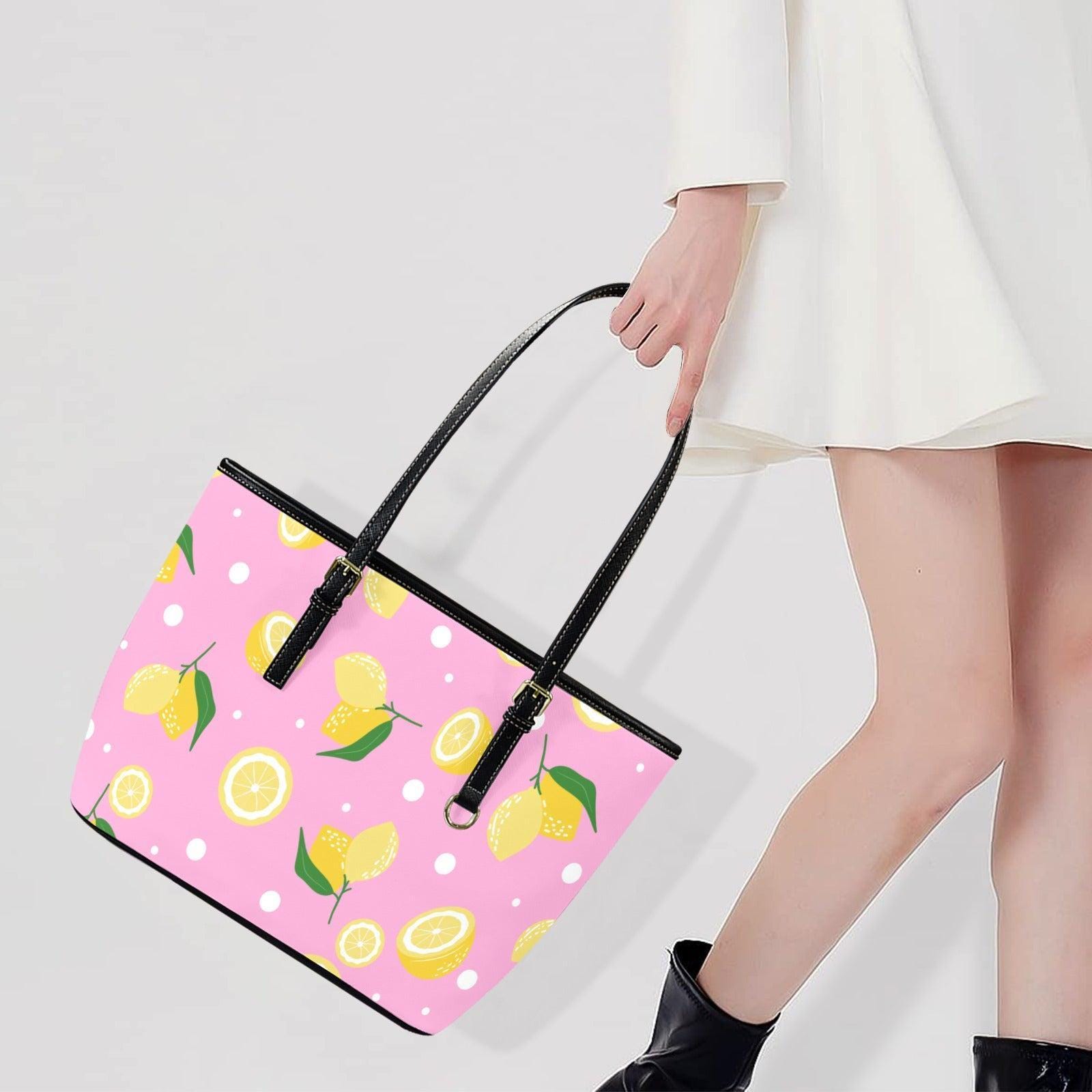 Lemon Picnic Tote Bag, Pink Citrus Shoulder Purse, Summer Market Carryall, Vacation Ready Handbag