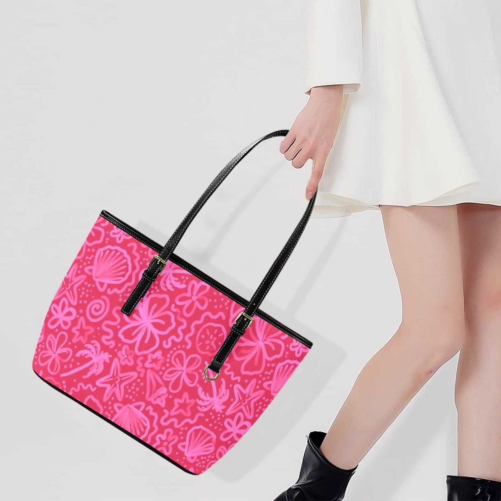 Pink Beach Doodle Tote, Coastal Summer Shoulder Bag, Tropical Vacation Carryall, Poolside Resort Purse