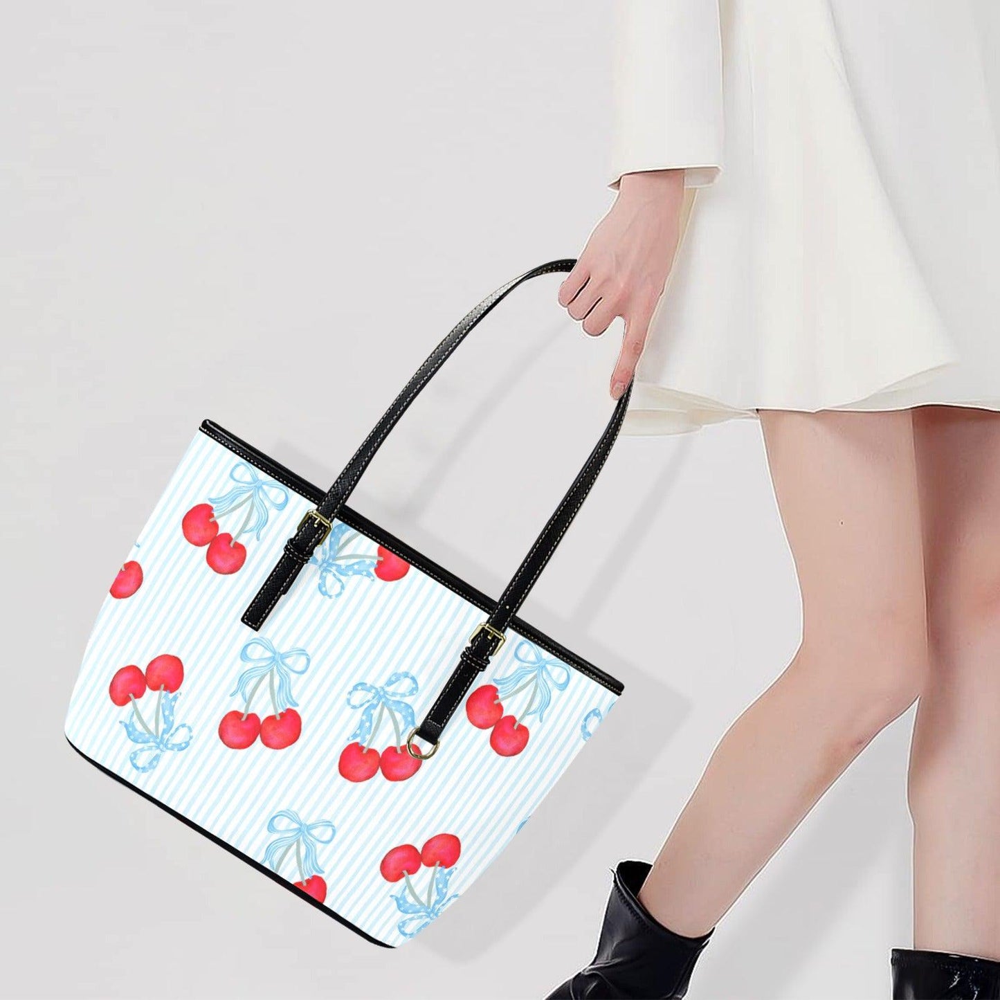 Cherry Bow Tote Purse, Blue Stripe Shoulder Bag, Sweet Picnic Carryall, Coquette Everyday Handbag