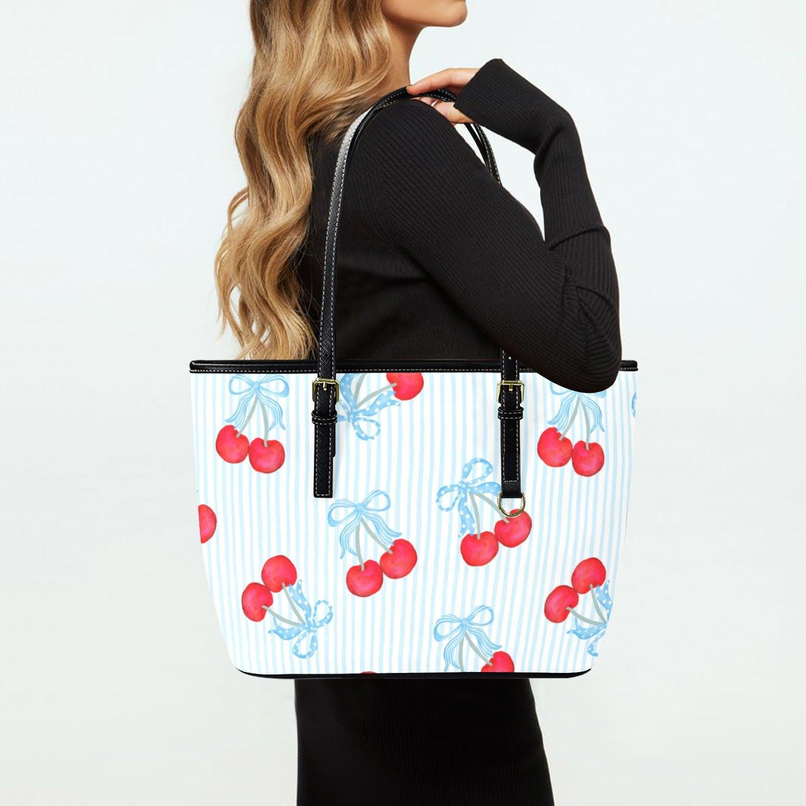 Cherry Bow Tote Purse, Blue Stripe Shoulder Bag, Sweet Picnic Carryall, Coquette Everyday Handbag