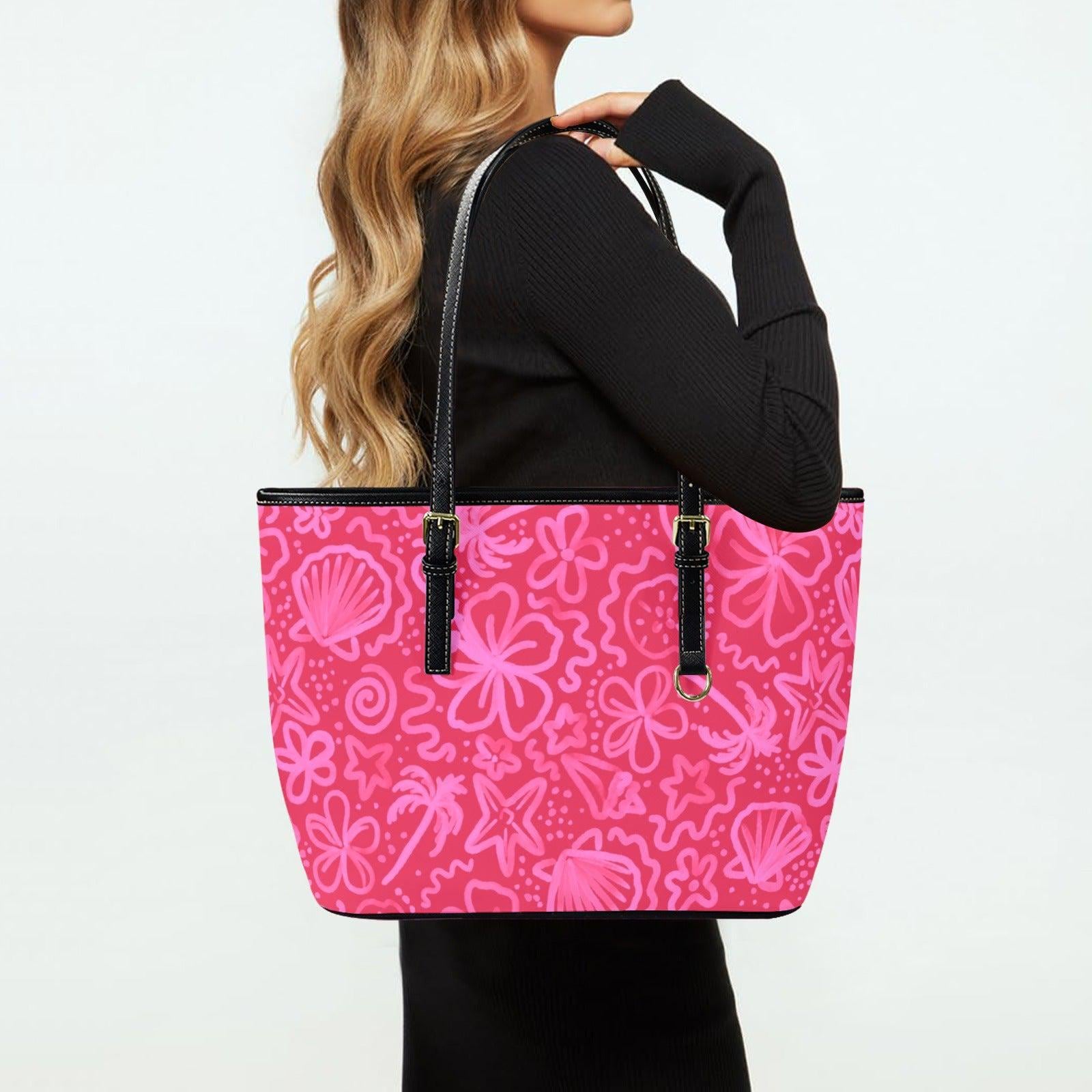 Pink Beach Doodle Tote, Coastal Summer Shoulder Bag, Tropical Vacation Carryall, Poolside Resort Purse