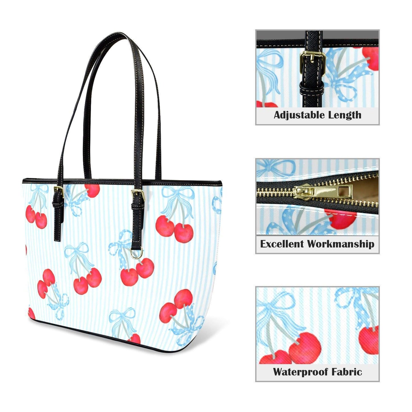 Cherry Bow Tote Purse, Blue Stripe Shoulder Bag, Sweet Picnic Carryall, Coquette Everyday Handbag