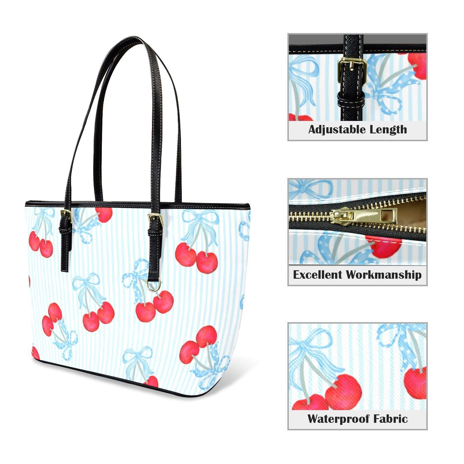 Cherry Bow Tote Purse, Blue Stripe Shoulder Bag, Sweet Picnic Carryall, Coquette Everyday Handbag