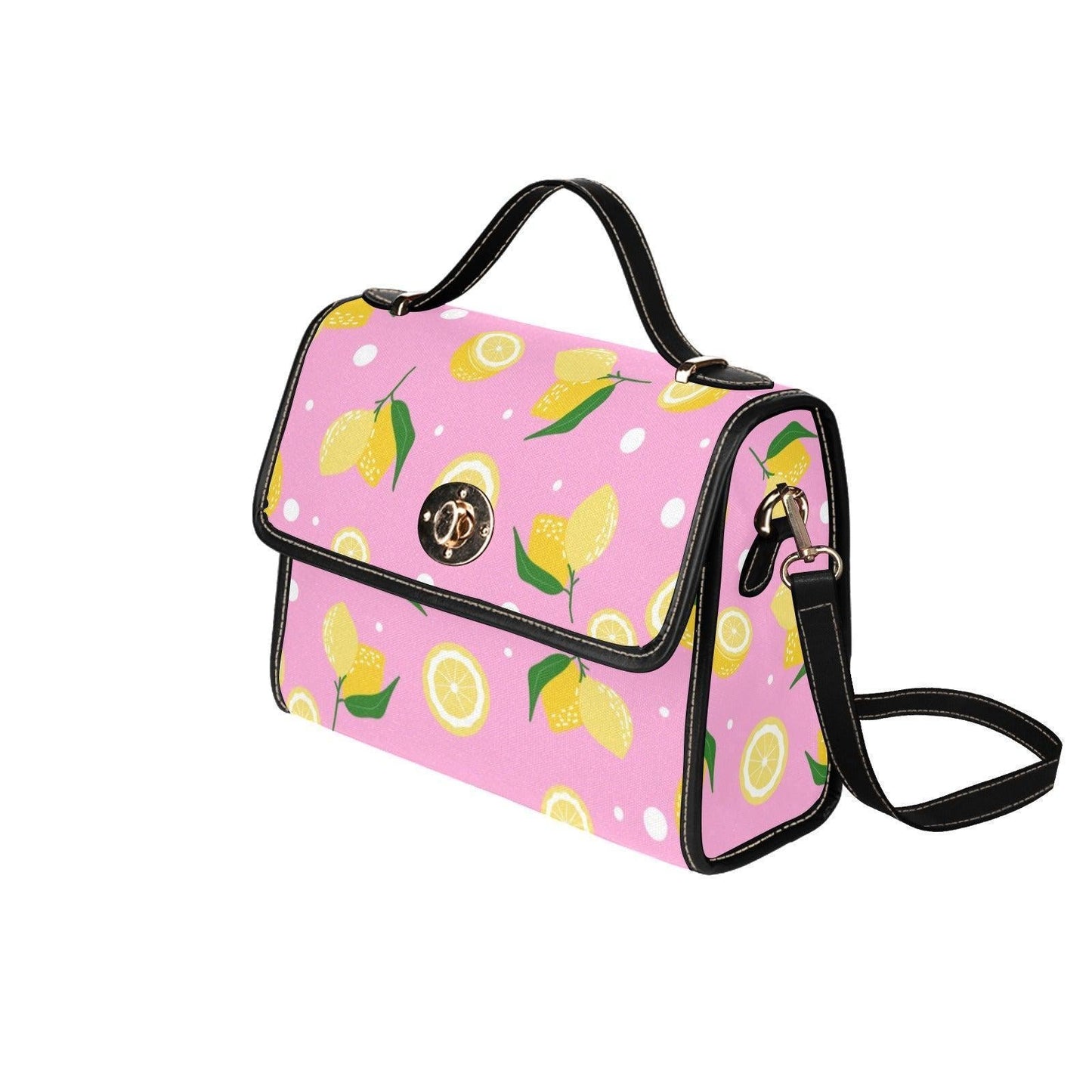 Pink Lemon Print Crossbody Bag, Vegan Leather Summer Satchel, Fruit Pattern Shoulder Bag