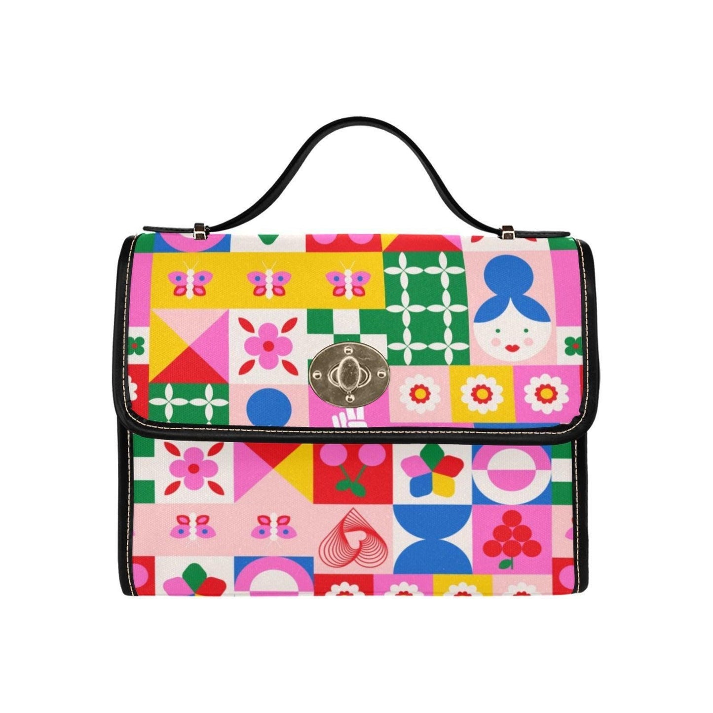 Colorful patchwork satchel purse, cute icon handbag, retro pop art crossbody bag, playful top handle purse