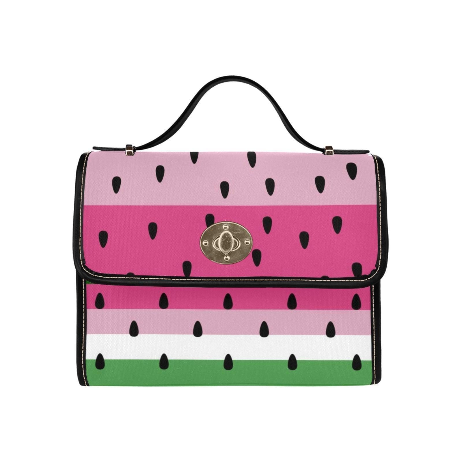 Watermelon stripe satchel purse, pink fruit print handbag, summer picnic crossbody bag, cute top handle bag