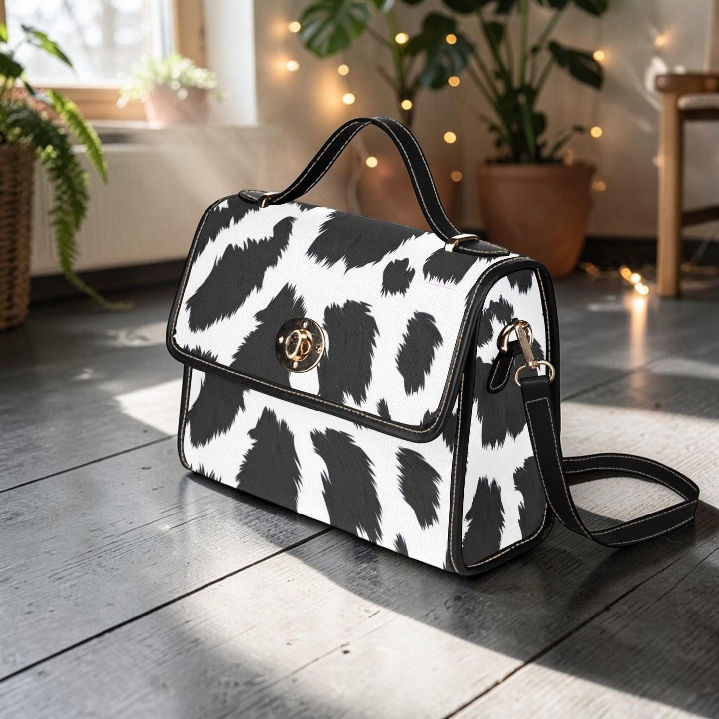 Cow Print Crossbody Bag, Faux Leather Western Purse, Animal Print Shoulder Bag, Trendy Vegan Handbag